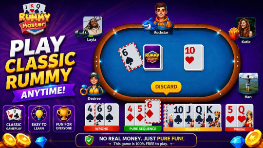 Rummy Master game preview showing a multiplayer card table