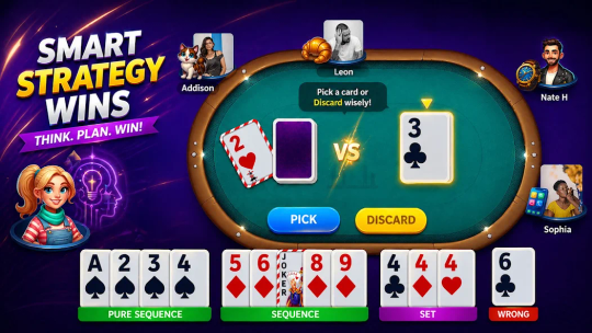 Rummy Master gameplay preview showing sets, sequences and a discard choice